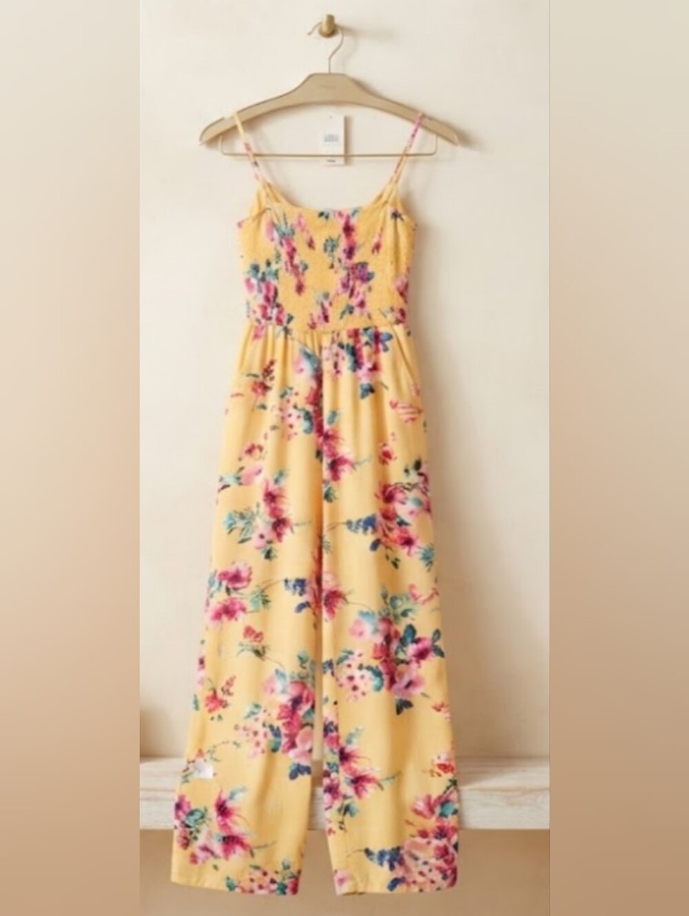 Floral Wide-Leg Jumpsuit in Yellow with Pink Blooms